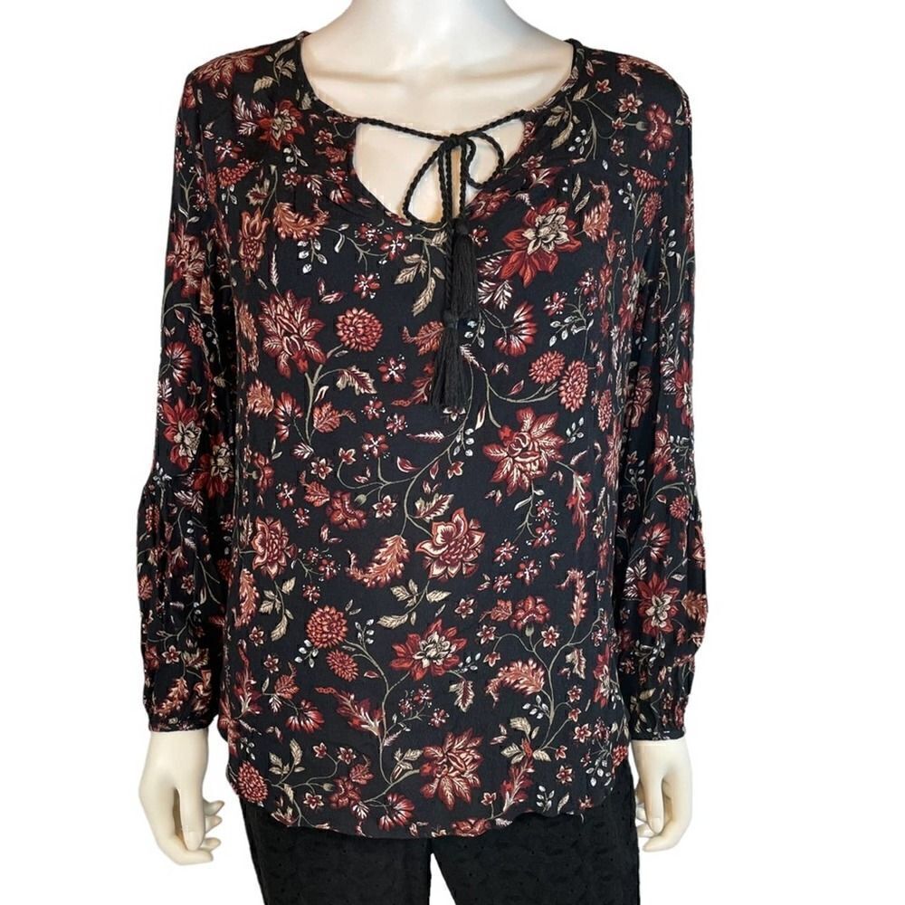 Emma & Olivia Black Red Floral Long Sleeve Blouse Medium
